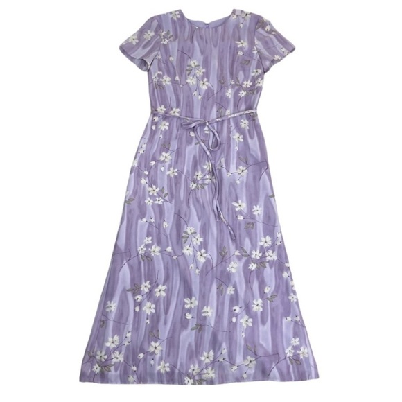 Vintage 90s Casual Corner Lavender Maxi Dress with Tie Blossom Print Modest Sz 6 - Picture 8 of 15